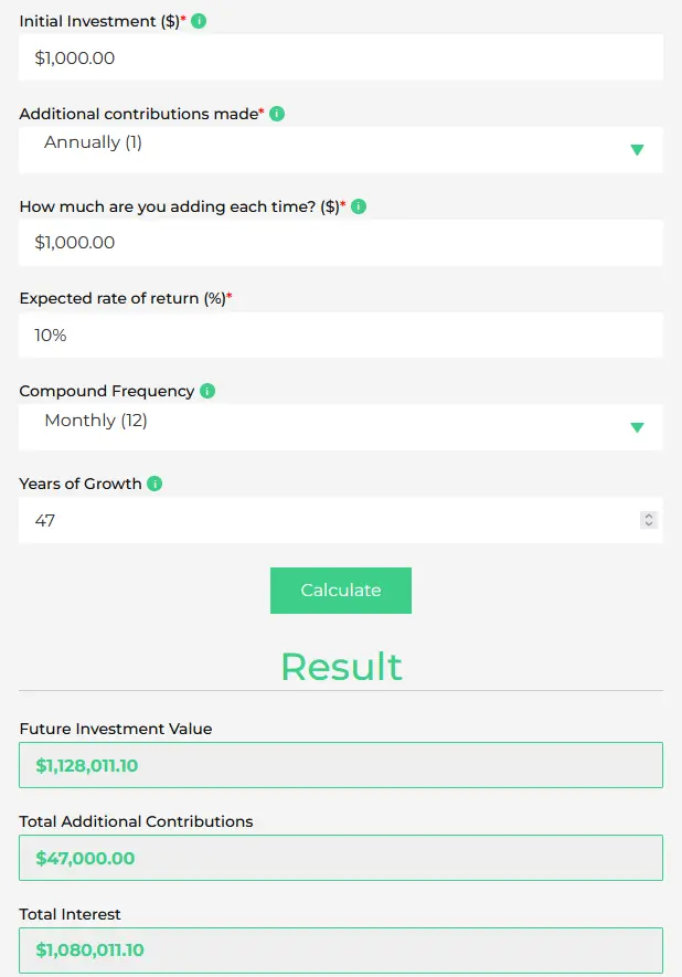 calculator showing $1,000 becoming $1,000,000 when invested over time.