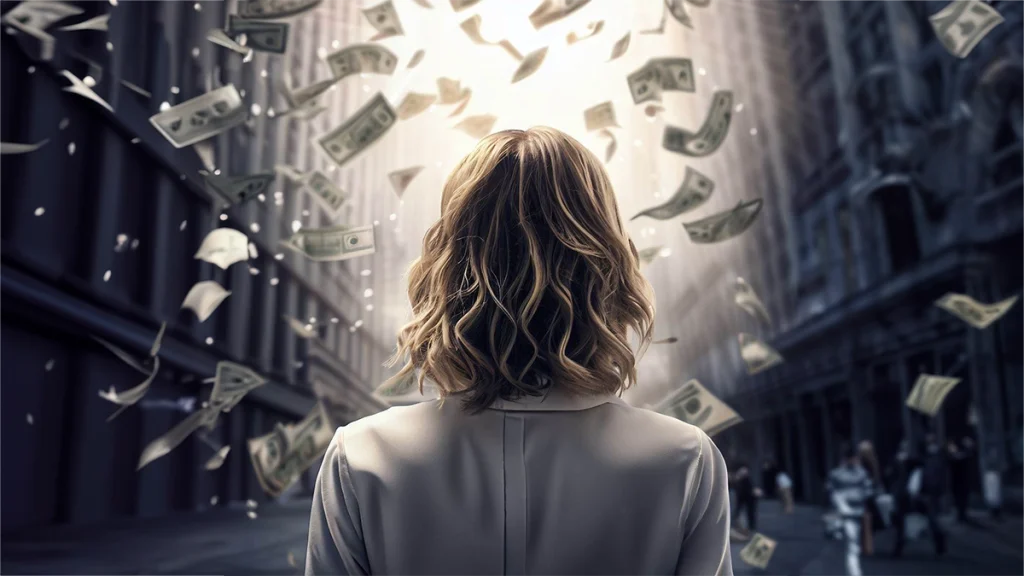 Woman on wall street with money falling all around her