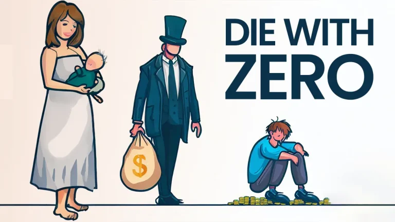 die with zero image showing woman holding a new born, man with money, and then a poor man