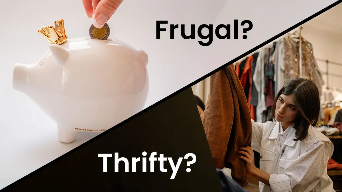 piggy bank on the frugal side of the screen, and a woman clothes shopping on the thrift side