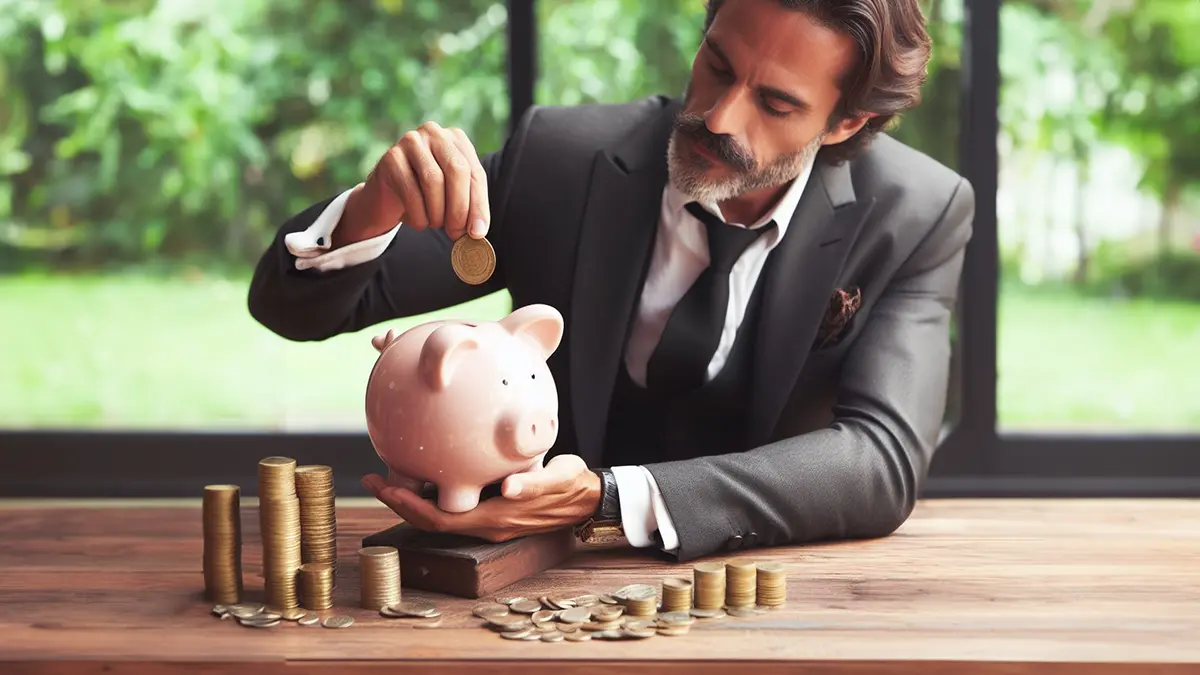 wealthy man in a suit frugally saving coins in a piggy bank
