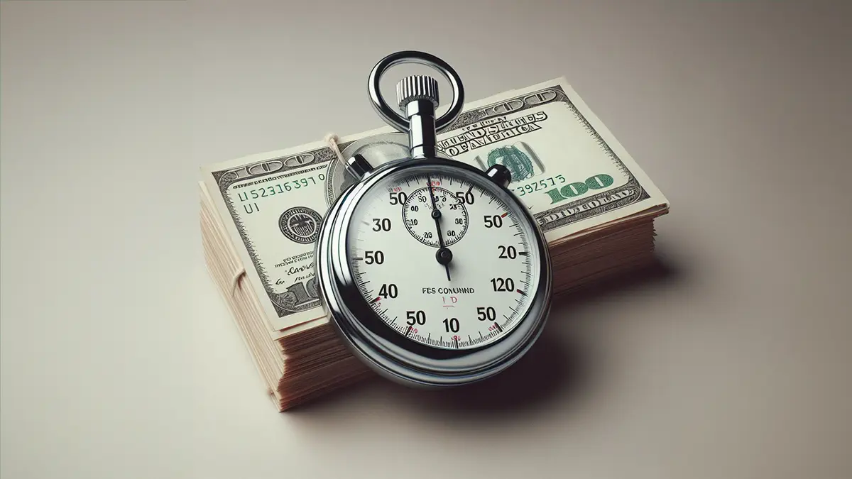 a stopwatch in front of a bundle of cash